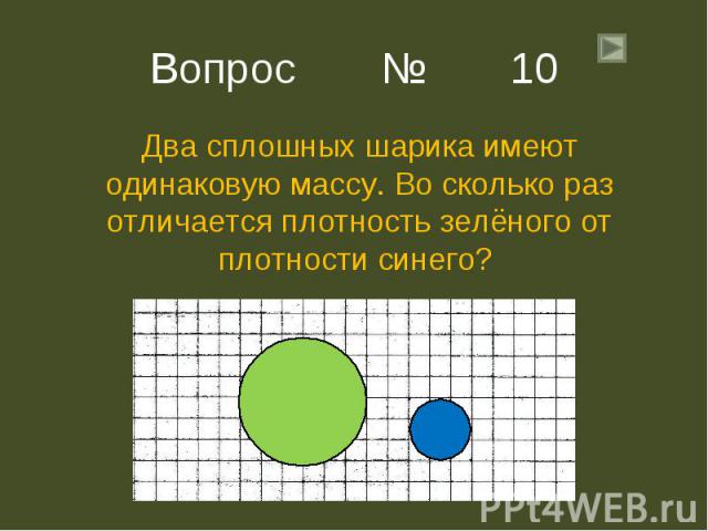 Вопрос № 10 Два сплошных шарика имеют одинаковую массу. Во сколько раз отличается плотность зелёного от плотности синего?