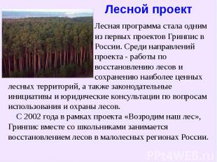 Лесной проект Лесная программа стала одним из первых проектов Гринпис в России.