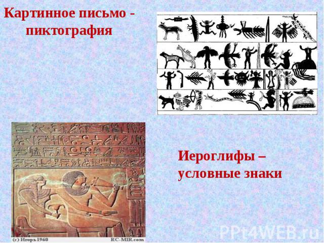 Картинное письмо - пиктография Иероглифы – условные знаки
