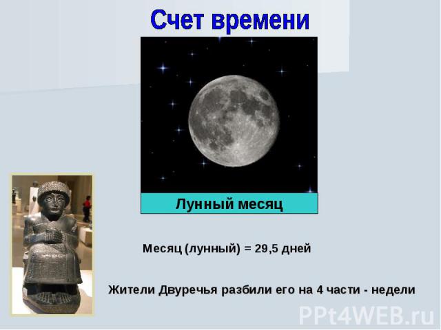 Счет времени Месяц (лунный) = 29,5 днейЖители Двуречья разбили его на 4 части - недели