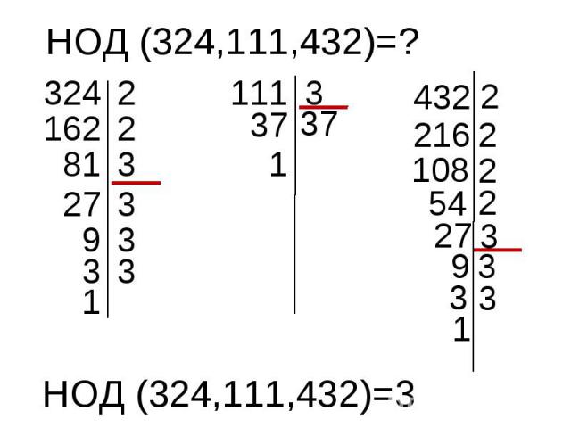 НОД (324,111,432)=?НОД (324,111,432)=3