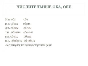 Числительные оба, обеИ.п. оба обер.п. обоих обеихд.п. обоим обеимт.п. обоими обе