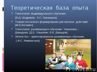 Теоретическая база опытаТехнология индивидуального обучения (В.Д. Шадриков, А.С.