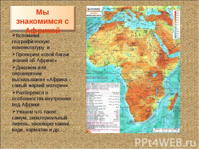 Мы знакомимся с АфрикойВспомним географическую номенклатуру и …Проверим «свой багаж знаний об Африке»Докажем или опровергнем высказывание «Африка - самый жаркий материк»Разберемся в особенностях внутренних вод АфрикиУзнаем что такое: самум, экватори…