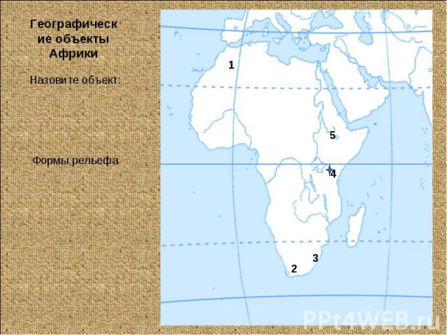 Географические объекты АфрикиНазовите объект:Формы рельефа