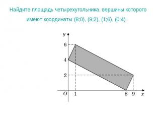 Найдите площадь четырехугольника, вершины которого имеют координаты (8;0), (9;2)
