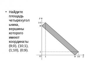 Найдите площадь четырехугольника, вершины которого имеют координаты (9;0), (10;1