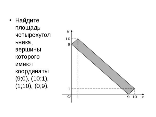 Найдите площадь четырехугольника, вершины которого имеют координаты (9;0), (10;1), (1;10), (0;9).