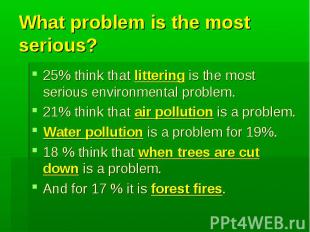 What problem is the most serious?25% think that littering is the most serious en