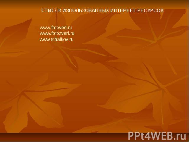 СПИСОК ИЗПОЛЬЗОВАННЫХ ИНТЕРНЕТ-РЕСУРСОВwww.fotoved.ruwww.fotozveri.ruwww.tchaikov.ru