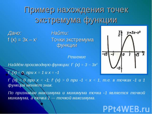 Пример нахождения точек экстремума функцииРешениеНайдём производную функции: f´ (x) = 3 – 3х2f´ (x) = 0, при х = 1 и х = -1f´ (x) < 0 при х < -1; f‘ (x) > 0 при -1 < х < 1, т.е. в точках -1 и 1 функция меняет знак.По признакам максимума и минимума т…