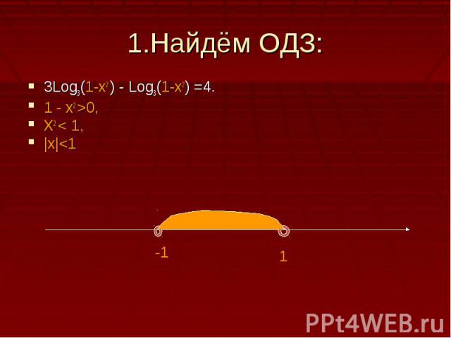 1.Найдём ОДЗ:3Log3(1-x2 ) - Log3(1-x2) =4.1 - x2 >0,X2 < 1,|x|