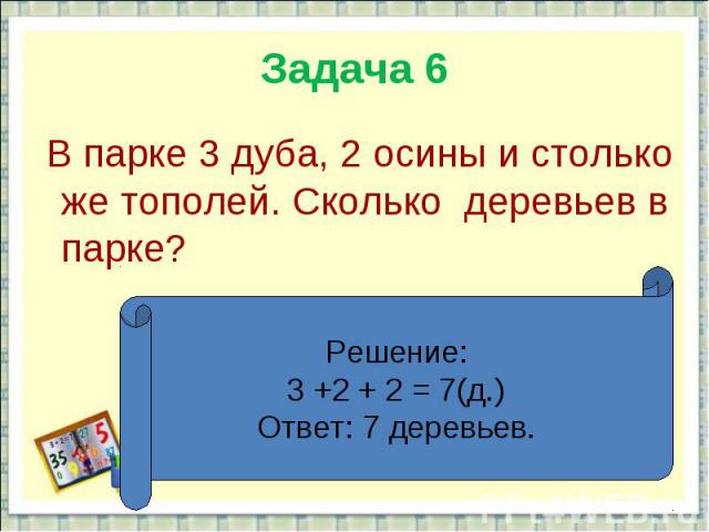 Задача 6 В парке 3 дуба, 2 осины и столько же тополей. Сколько деревьев в парке?Решение:3 +2 + 2 = 7(д.)Ответ: 7 деревьев.