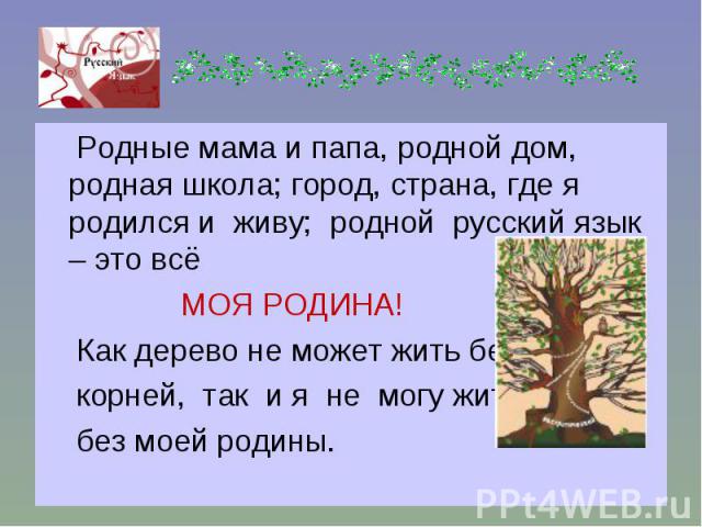 Родные мама и папа, родной дом, родная школа; город, страна, где я родился и живу; родной русский язык – это всё МОЯ РОДИНА! Как дерево не может жить без корней, так и я не могу жить без моей родины.