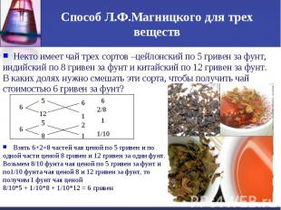 Способ Л.Ф.Магницкого для трех веществНекто имеет чай трех сортов –цейлонский по