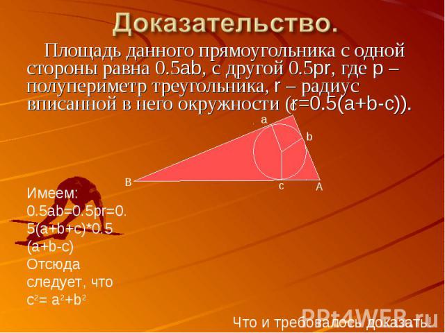 Доказательство.Площадь данного прямоугольника с одной стороны равна 0.5ab, с другой 0.5pr, где p – полупериметр треугольника, r – радиус вписанной в него окружности (r=0.5(a+b-c)).Имеем:0.5ab=0.5pr=0.5(a+b+c)*0.5(a+b-c)Отсюда следует, что с2= а2+b2