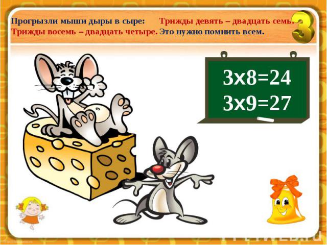 Прогрызли мыши дыры в сыре:Трижды восемь – двадцать четыре.Трижды девять – двадцать семь.Это нужно помнить всем.