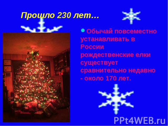 Прошло 230 лет…Обычай повсеместно устанавливать в России рождественские елки существует сравнительно недавно - около 170 лет.
