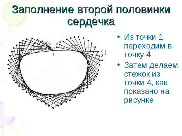 Заполнение второй половинки сердечкаИз точки 1 переходим в точку 4Затем делаем стежок из точки 4, как показано на рисунке