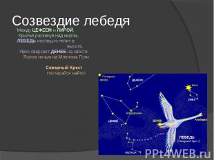 Созвездие лебедяМежду ЦЕФЕЕМ и ЛИРОЙ, Крылья раскинув над миром, ЛЕБЕДЬ неспешно