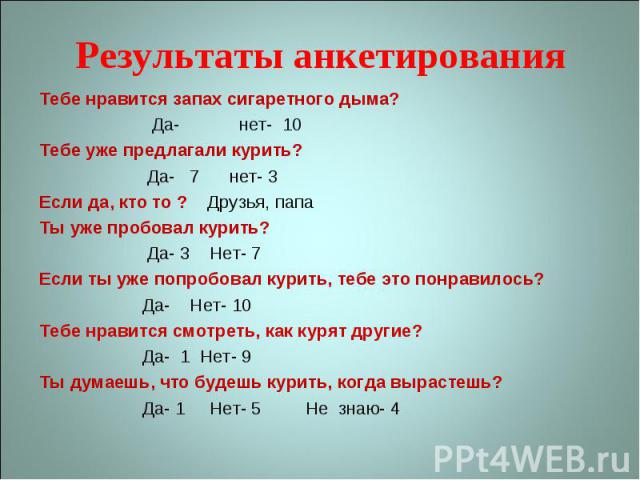 Результаты анкетированияТебе нравится запах сигаретного дыма? Да- нет- 10Тебе уже предлагали курить? Да- 7 нет- 3Если да, кто то ? Друзья, папаТы уже пробовал курить? Да- 3 Нет- 7Если ты уже попробовал курить, тебе это понравилось? Да- Нет- 10Тебе н…