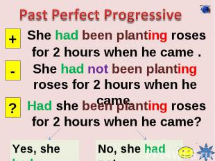 Past Perfect ProgressiveShe had been planting roses for 2 hours when he came .Sh