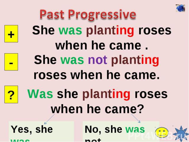 Past ProgressiveShe was planting roses when he came .She was not planting roses when he came.Was she planting roses when he came?
