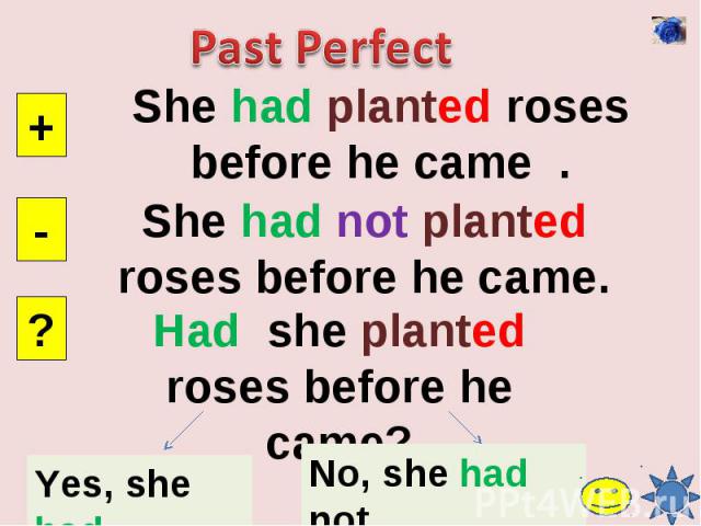 Past PerfectShe had planted roses before he came .She had not planted roses before he came.Had she planted roses before he came?