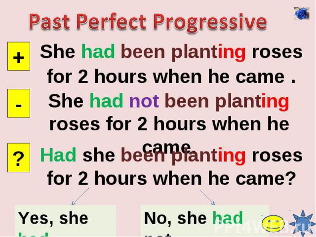 Past Perfect ProgressiveShe had been planting roses for 2 hours when he came .She had not been planting roses for 2 hours when he came.Had she been planting roses for 2 hours when he came?