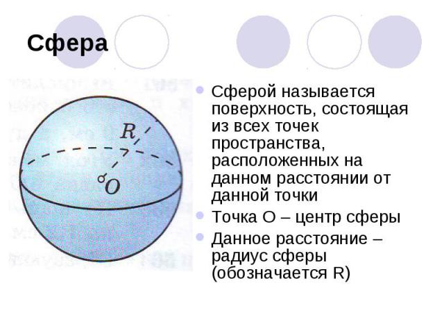 СфераСферой называется поверхность, состоящая из всех точек пространства, расположенных на данном расстоянии от данной точкиТочка О – центр сферыДанное расстояние – радиус сферы (обозначается R)