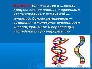 Мутагенез (от мутации и ...генез), процесс возникновения в организме наследствен