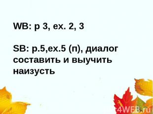 WB: p 3, ex. 2, 3SB: p.5,ex.5 (п), диалог составить и выучить наизусть