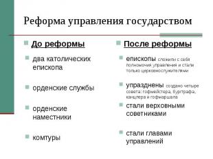 Реформа управления государствомдва католических епископаорденские службыорденски