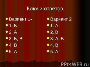 Ключи ответовВариант 1-1. Б2. А3. Б, В4. В5. АВариант 21. А2. В3. А, В4. В5. А