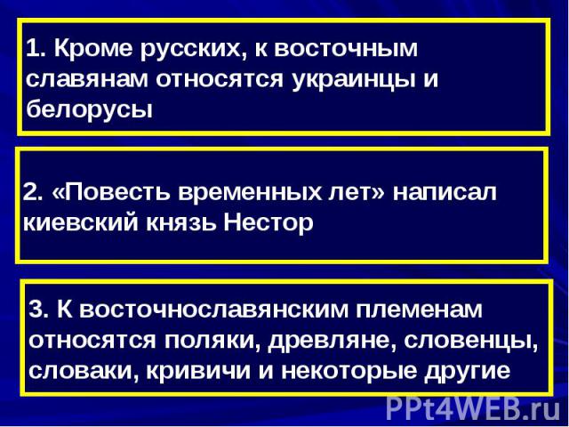 1. Кроме русских, к восточным славянам относятся украинцы и белорусы2. «Повесть временных лет» написал киевский князь Нестор3. К восточнославянским племенам относятся поляки, древляне, словенцы, словаки, кривичи и некоторые другие