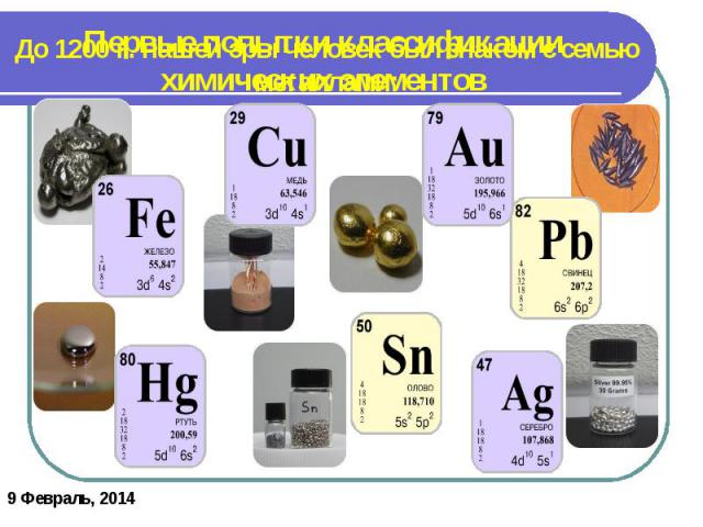 Первые попытки классификации химических элементов До 1200 г. нашей эры человек был знаком с семью металлами: