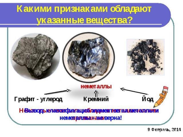 Какими признаками обладают указанные вещества?Вывод: классификация элементов на металлы и неметаллы – не верна!