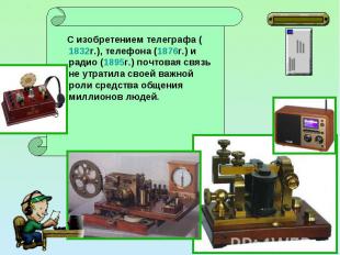 С изобретением телеграфа (1832г.), телефона (1876г.) и радио (1895г.) почтовая с