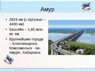 Амур2824 км (с Аргунью – 4400 км)Бассейн – 1,85 млн. кв. кмКрупнейшие города – Б