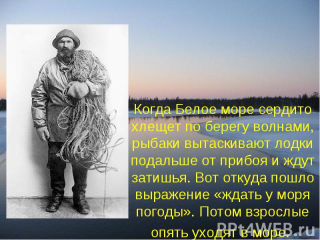 Когда Белое море сердито хлещет по берегу волнами, рыбаки вытаскивают лодки подальше от прибоя и ждут затишья. Вот откуда пошло выражение «ждать у моря погоды». Потом взрослые опять уходят в море.