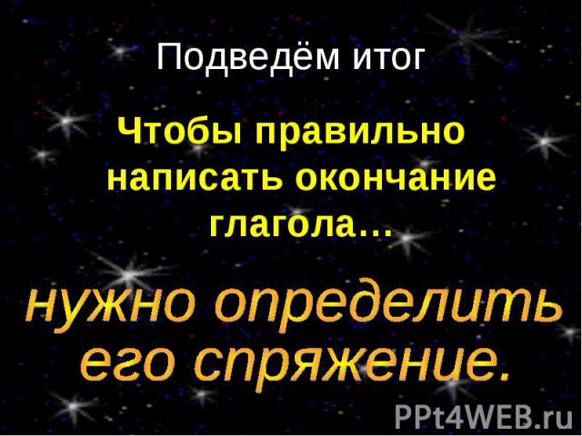 Подведём итогЧтобы правильно написать окончание глагола…нужно определить его спряжение.