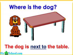 Where is the dog?The dog is next to the table.