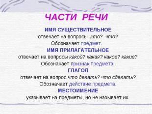 ЧАСТИ РЕЧИ ИМЯ СУЩЕСТВИТЕЛЬНОЕ отвечает на вопросы кто? что?Обозначает предмет.