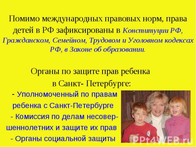 Помимо международных правовых норм, права детей в РФ зафиксированы в Конституции РФ, Гражданском, Семейном, Трудовом и Уголовном кодексах РФ, в Законе об образовании. Органы по защите прав ребенка в Санкт- Петербурге: - Уполномоченный по правам ребе…