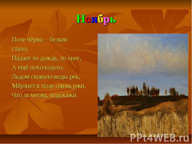 НоябрьПоле чёрно – белым стало,Падает то дождь, то снег,А ещё похолодало,Льдом сковало воды рек,Мёрзнет в поле озимь ржи,Что за месяц, подскажи.