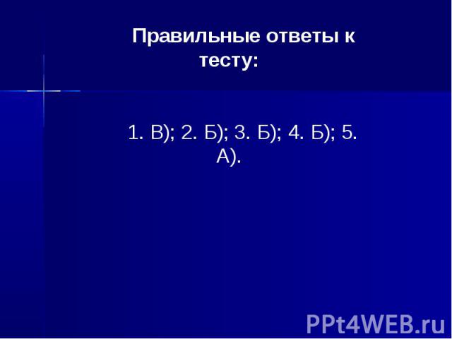 Правильные ответы к тесту:1. В); 2. Б); 3. Б); 4. Б); 5. А).