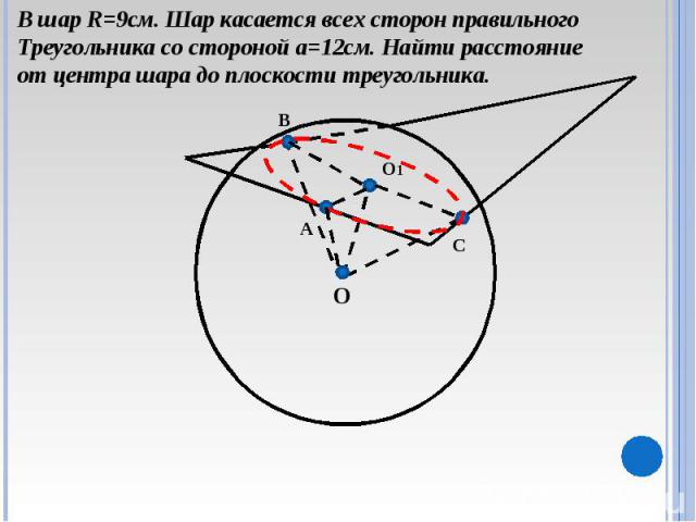 В шар R=9см. Шар касается всех сторон правильногоТреугольника со стороной a=12cм. Найти расстояние от центра шара до плоскости треугольника.