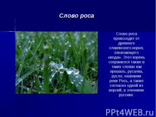Слово росаСлово роса происходит от древнего славянского корня, означающего «вода