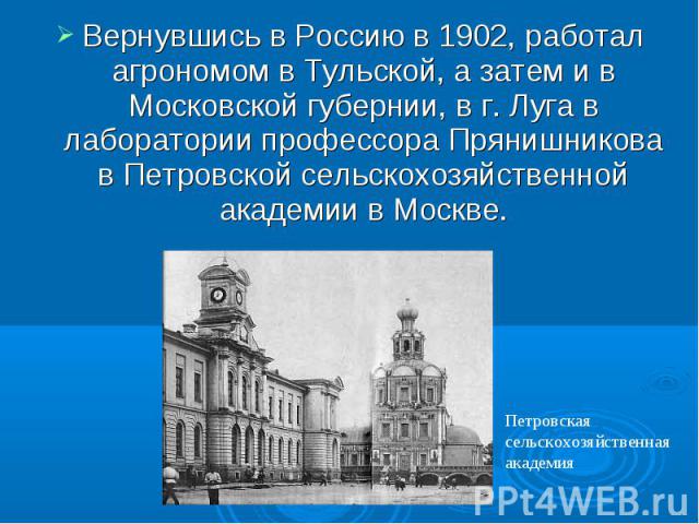 Вернувшись в Россию в 1902, работал агрономом в Тульской, а затем и в Московской губернии, в г. Луга в лаборатории профессора Прянишникова в Петровской сельскохозяйственной академии в Москве.Петровская сельскохозяйственная академия