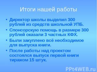 Итоги нашей работыДиректор школы выделил 300 рублей из средств школьной УПБ.Спон